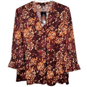 Cocomo Women's Plus Size 1X Maroon Multi Floral Print Pintuck 3/4 Sleeve Top